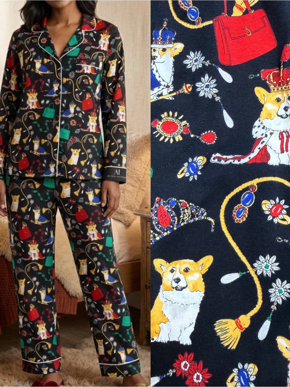 BedHead PJs Long Sleeve Classic Stretch Jersey Pajama Set Royal Queen Corgi Dogs